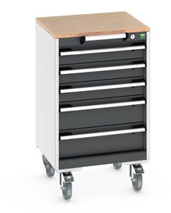 cubio mobile cabinet with 5 drawers & multiplex worktop. WxDxH: 525x525x890mm. RAL 7035/5010 or selected Bott New for 2022